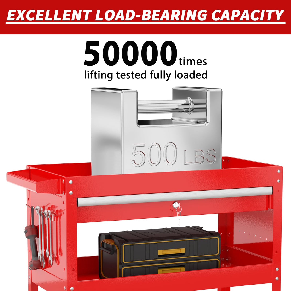 3 Tier Rolling Tool Cart, Tool Cart with Wheels and Drawers, 500 LBS Capacity Service Utility Cart, Mechanic Tool Cart on Wheels for Garage, Warehouse, Repair Shop, Red Wanmwill