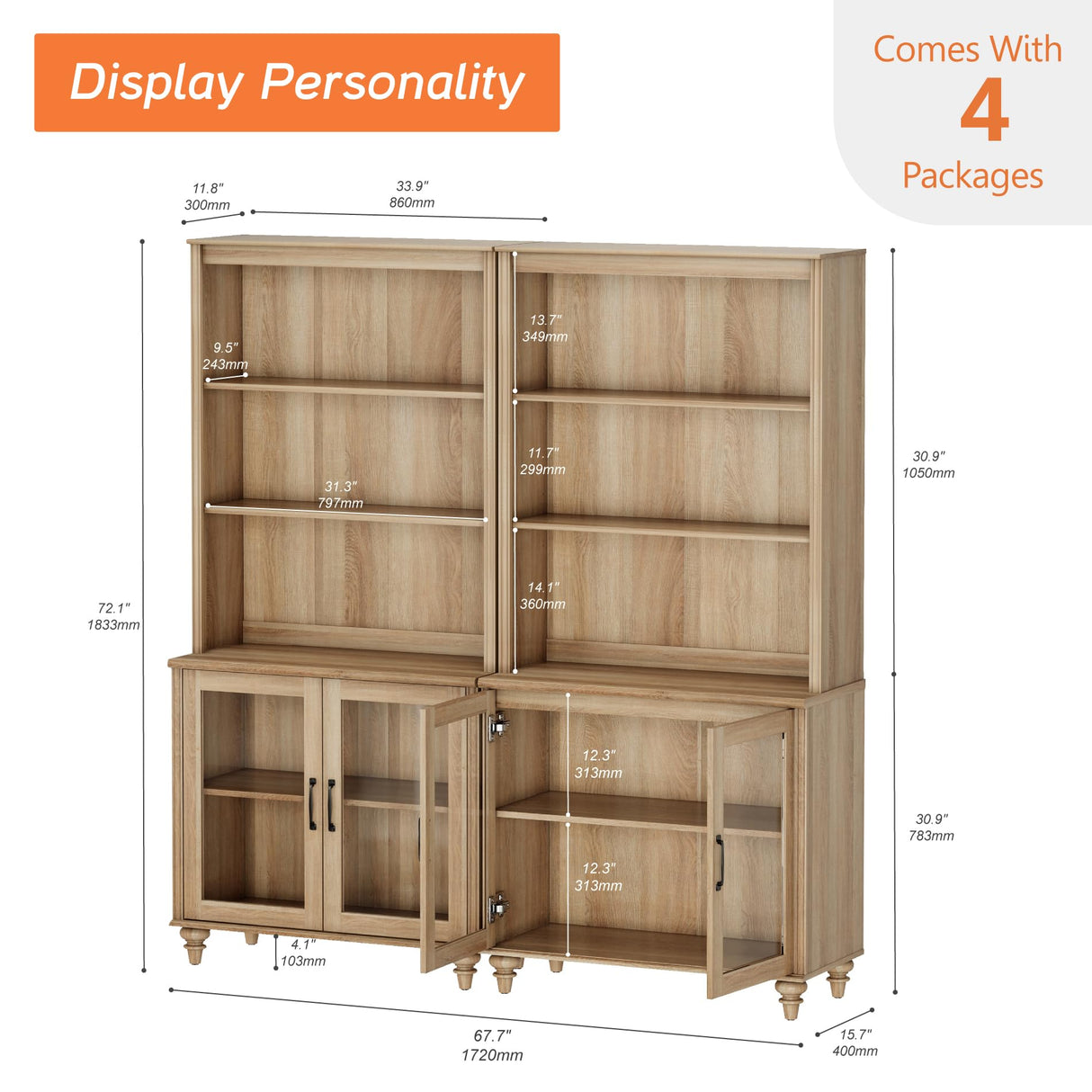 WAMPAT 5 Tier Bookshelf 72" Tall Bookcase with Glass Doors,Large Farmhouse Display Book Shelf with Adjustable Shelves and Storage Cabinet，Library Wood Bookshelves for Living Room,Kitchen, Oak(2PCS) WAMPAT