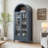RowyPoey Farmhouse Arched Cabinet with Glass Doors, Wood Display Cabinet with Drawer and Adjustable Shelves, 71” Tall Bookshelf Modern China Storage Kitchen Pantry for Living Room,Office (Navy Blue) RowyPoey
