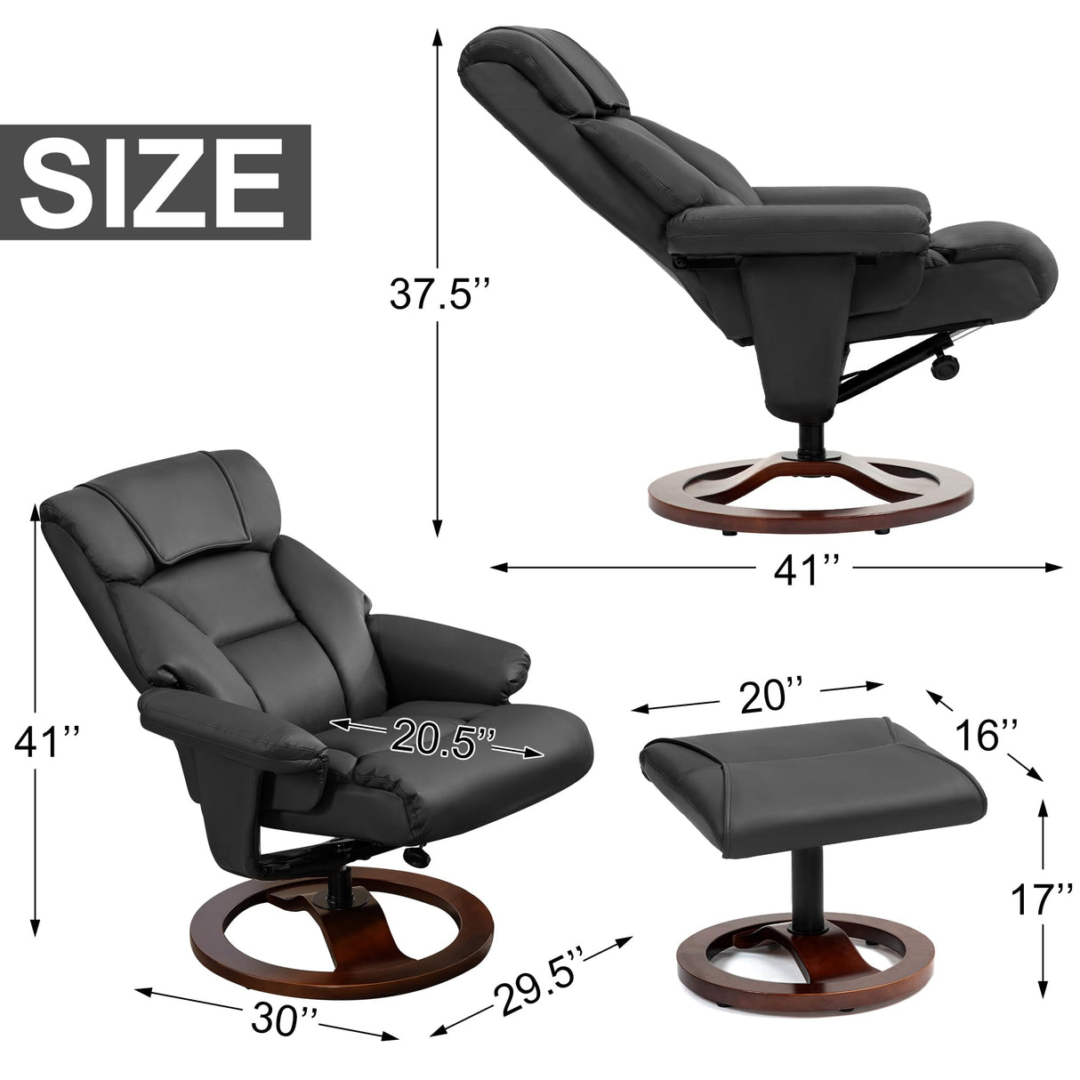 HOMHUM Swivel Recliner Chair with Ottoman, Adjustable Faux Leather Chair, Reclining Chair with Solid Wood Base, Lazy Chair with Footrest for Living Room & Bedroom, Black HOMHUM
