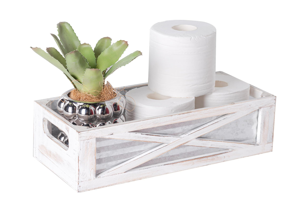 Venalys Wooden Toilet Tank Basket, Rustic Bathroom Decor Box, Farmhouse Toilet Paper Organizer Holder, Decorative Bathroom Storage Basket, Barn Door (Whitewash) Venalys