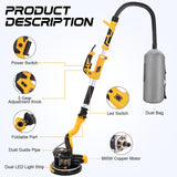 Gyfent Drywall Sander, 880W 7.3-Amp Popcorn Ceiling Removal Tool with 1100-2100RPM 5 Variable Speed 12pcs Sanding Discs Electric Drywall Sander with Vacuum Dust Collector LED Light for Ceiling Sanding Gyfent