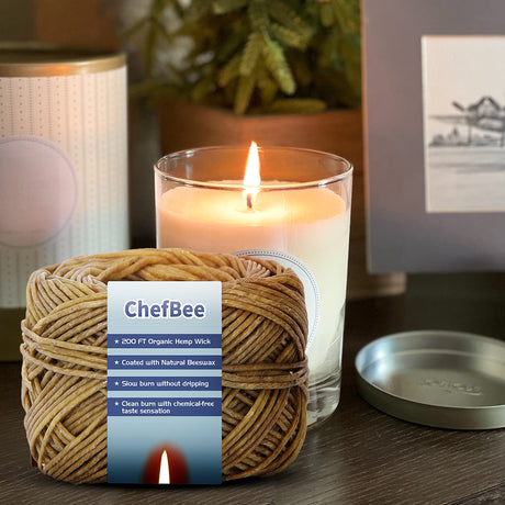 CHEFBEE 200 FT Organic Hemp Wick, Well Coated Natural Beeswax for Hemp Wick Lighter or Candle Making, Slow Burn, No Dripping, Standard Size(1.1mm) CHEFBEE