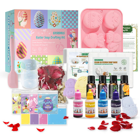 EDSRRDRUS Pink Soap Making Kit for Adults - 2lbs Glycerin Melt & Pour Soap Base, Essential Oils, Dyes, Easter Bunny Egg Flower Molds & Complete Soap Making Supplies EDSRDRUS