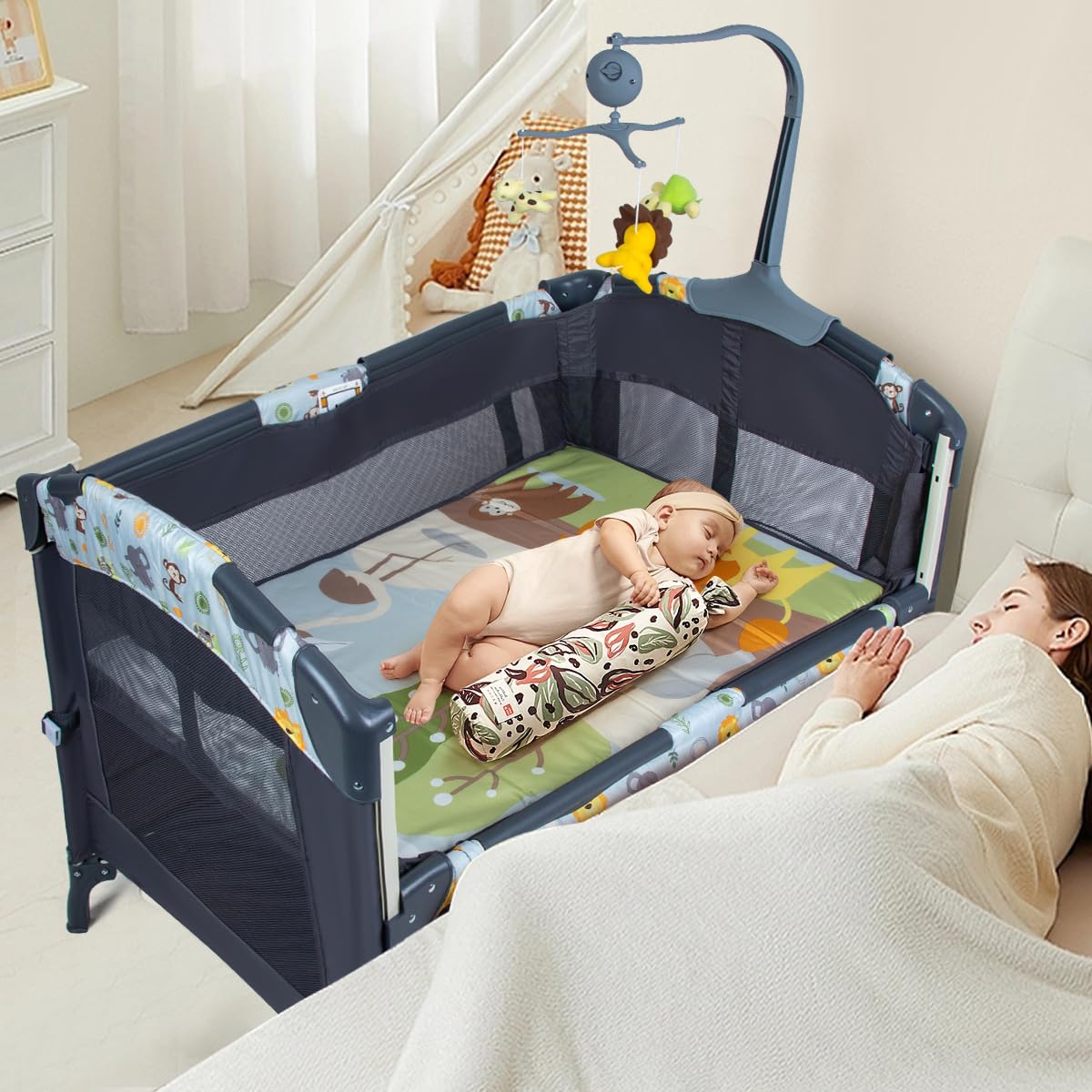 5-in-1 Baby Bassinet Bedside Crib, Pack and Play Long Next to Bed Crib Co Sleeper with Toys & Music Box, Mattress, Foldable Playard, Playpen Travel Bed Nursery Center for Girl Boy Infant Newb - WoodArtSupply