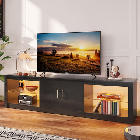 Bestier LED TV Stand for 75 Inch TV Large Entertainment Center Gaming with Storage Glass Shelves Two Cabinets Modern TV Console for Living Room Bestier