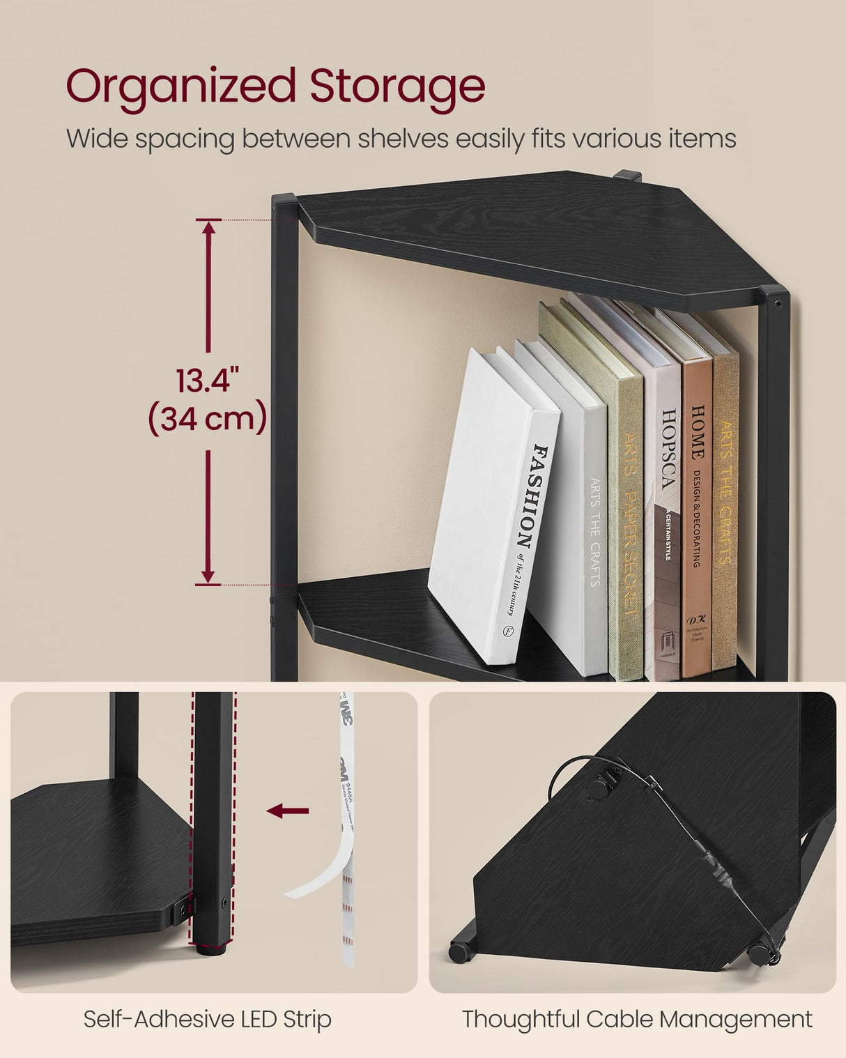 VASAGLE Corner Shelf Stand with LED Lights, 5-Tier Corner Bookshelf, Storage Shelf with Steel Frame, 9.8 x 18.9 x 57.7 Inches, for Living Room, Bedroom, Study, Ebony Black ULBC590B01 VASAGLE