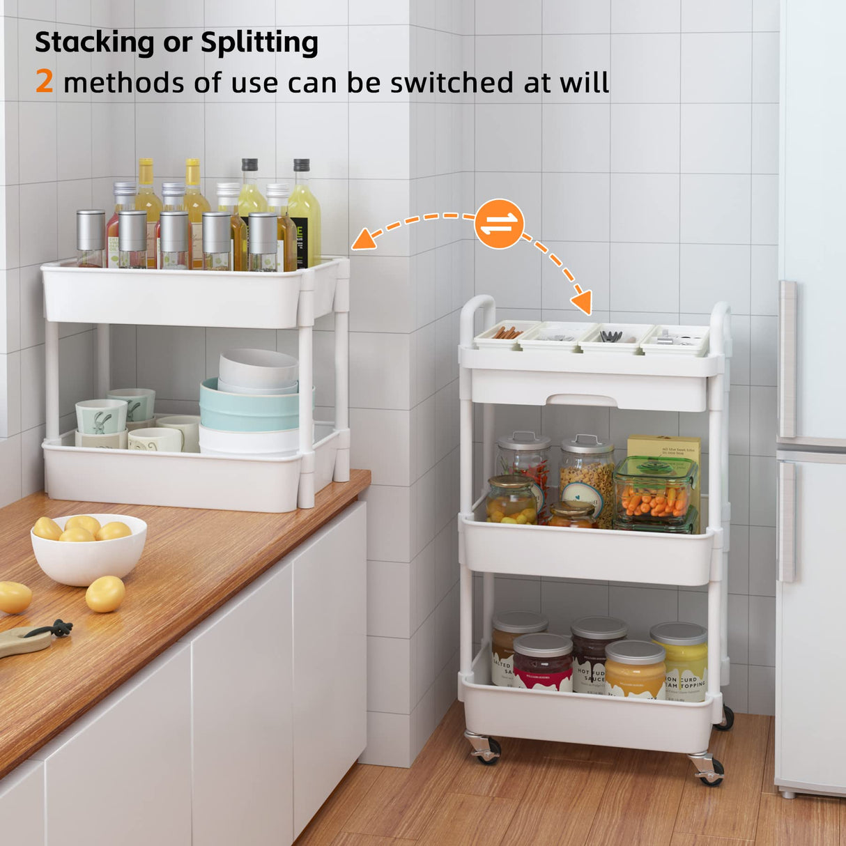 Calmootey 3-Tier Rolling Utility Cart with Drawer,Multifunctional Storage Organizer with Plastic Shelf & Metal Wheels,Storage Cart for Kitchen,Bathroom,Living Room,Office,White Calmootey