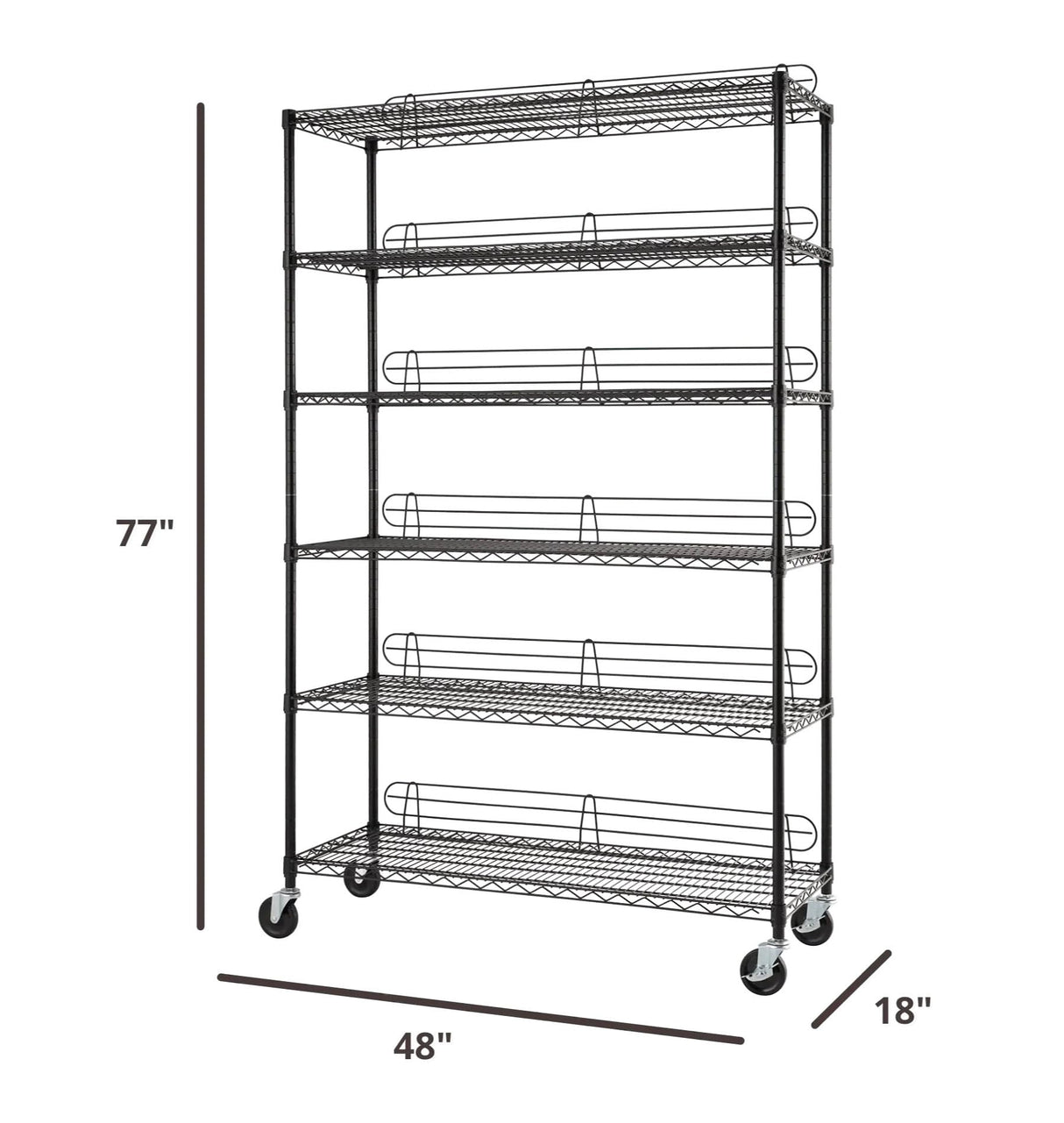 TRINITY Heavy Duty 6-Tier Adjustable Wire Shelving with Wheels and Backstands for Kitchen Organization, Garage Shelving, NSF Certified, 48” W x 18” D x 72-77” H, 800-4800 lb Capacity, Black TRINITY