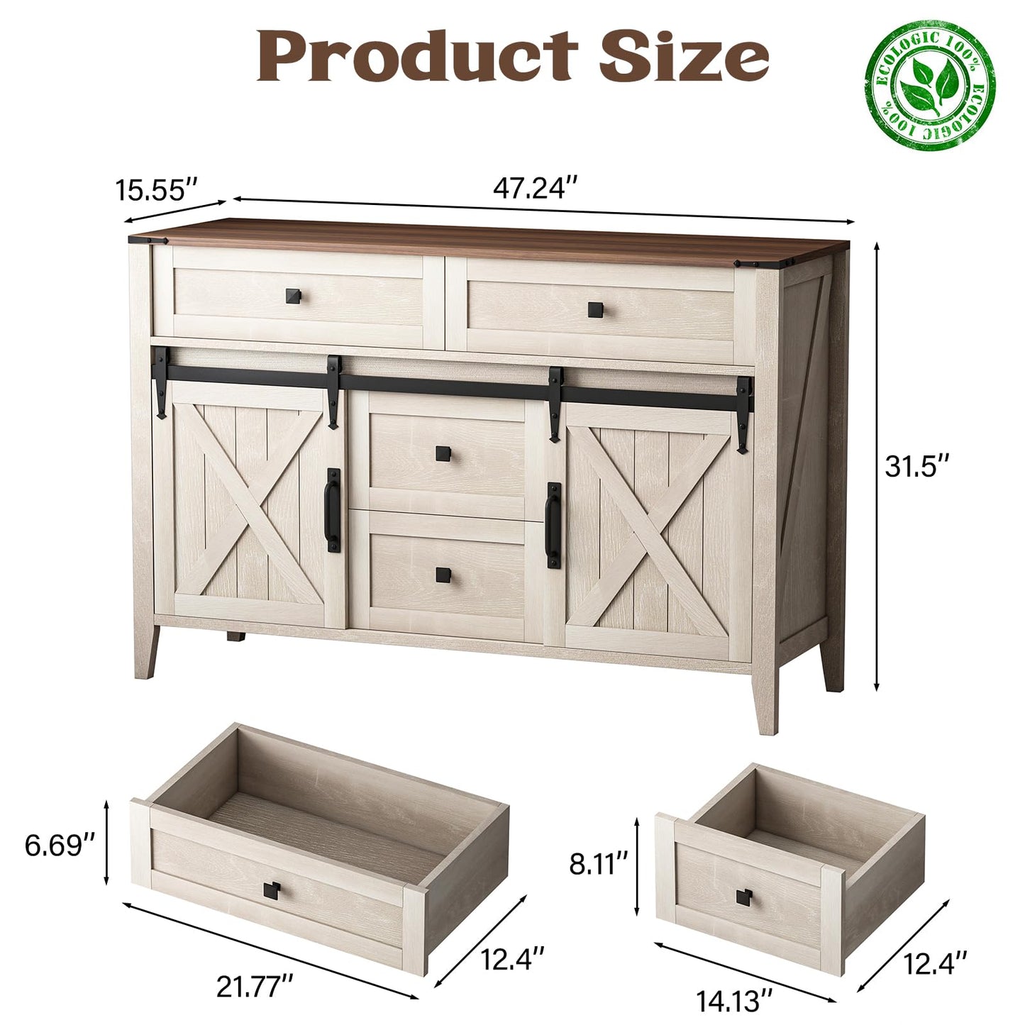 GlouMod Farmhouse Dresser for Bedroom, Sliding Barn Door Dresser with 4 Drawers Dresser Wood, White Dresser & Chest of Drawers, Kids Dresser TV Stand 47" - WoodArtSupply