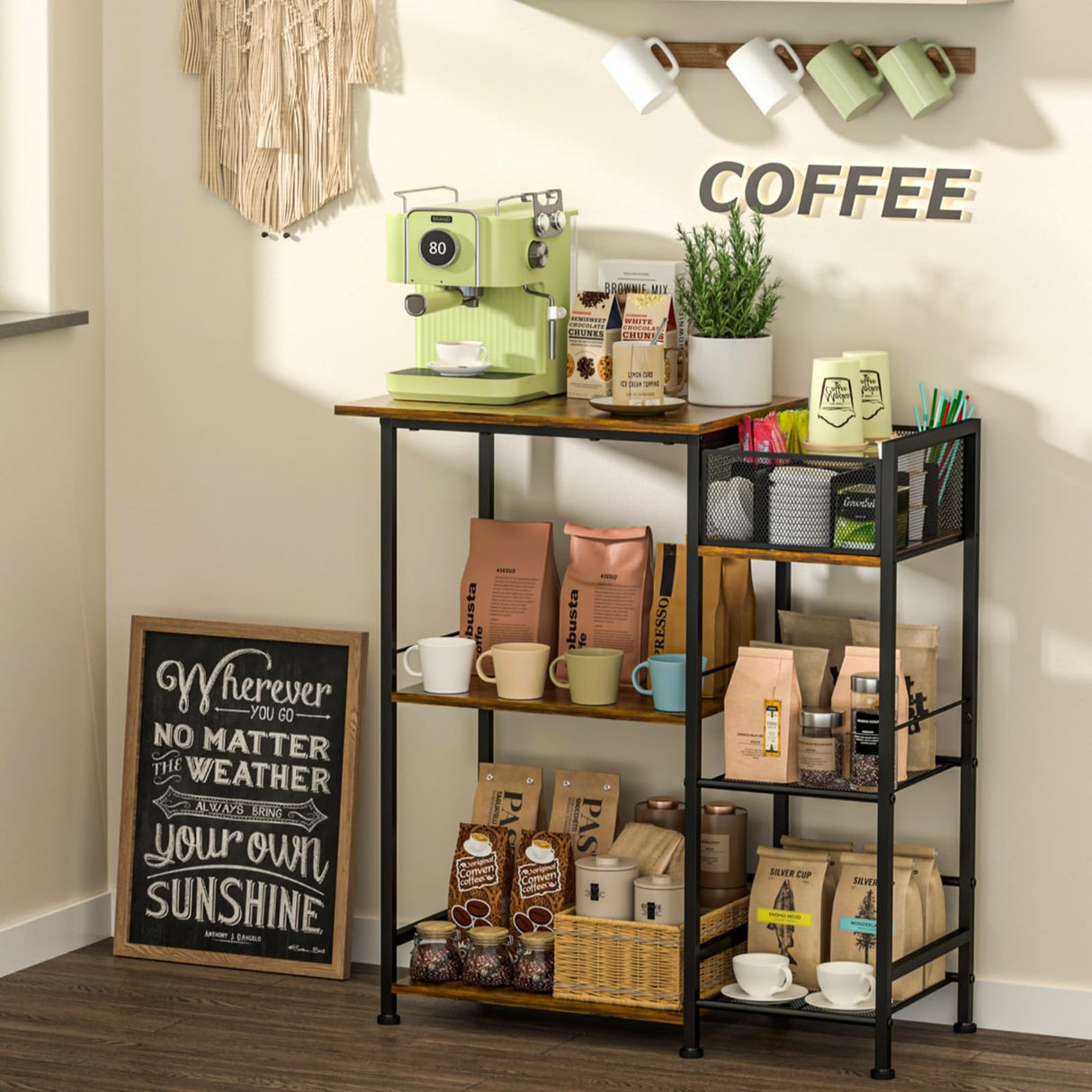 keomaisyto Coffee Bar Station, Coffee Station Cabinet with Dividers for Organizing Coffee Accessories, Farmhouse Coffee Stand, 3 Tier Coffee Table for Living Room/Entryway/Kitchen keomaisyto