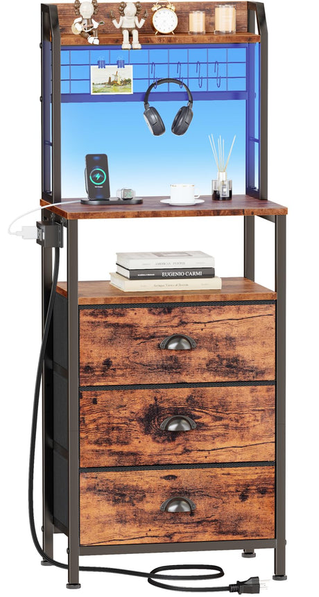 Furologee Tall Nightstand with 3 Drawers, Bedside Table with LED Lights and Charging Station, Night Stand with Pegboard and Shelves, 44'' Tall Bedside Table for Bedroom/Living Room/Dorm/Rustic Brown Furologee