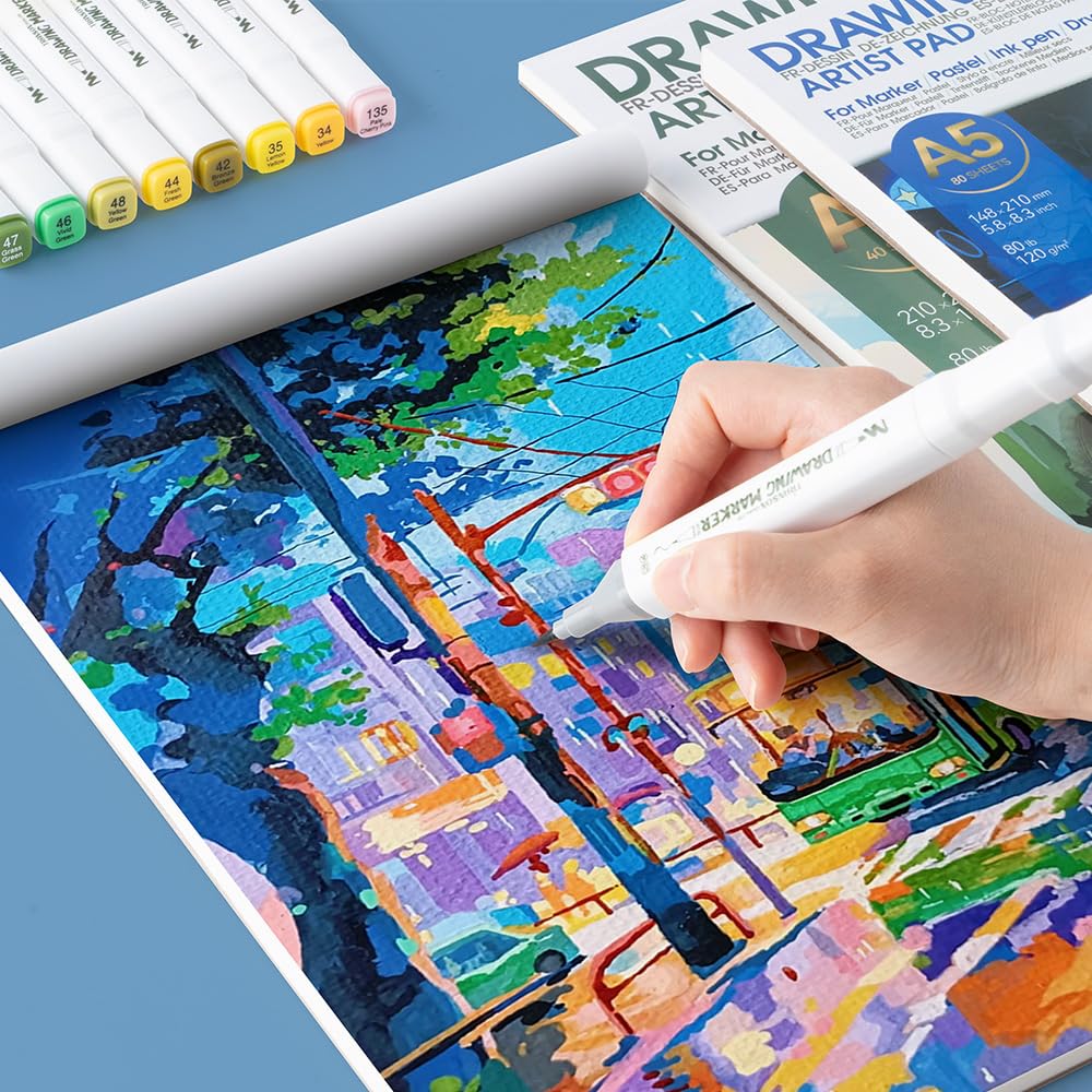 TRANSON Artist Mix Media Sketchbook Marker Pad, 5.8”x8.3” 80 Sheets A5 Art Papers, 80lb/120gsm for Painting, Drawing and Sketching TRANSON