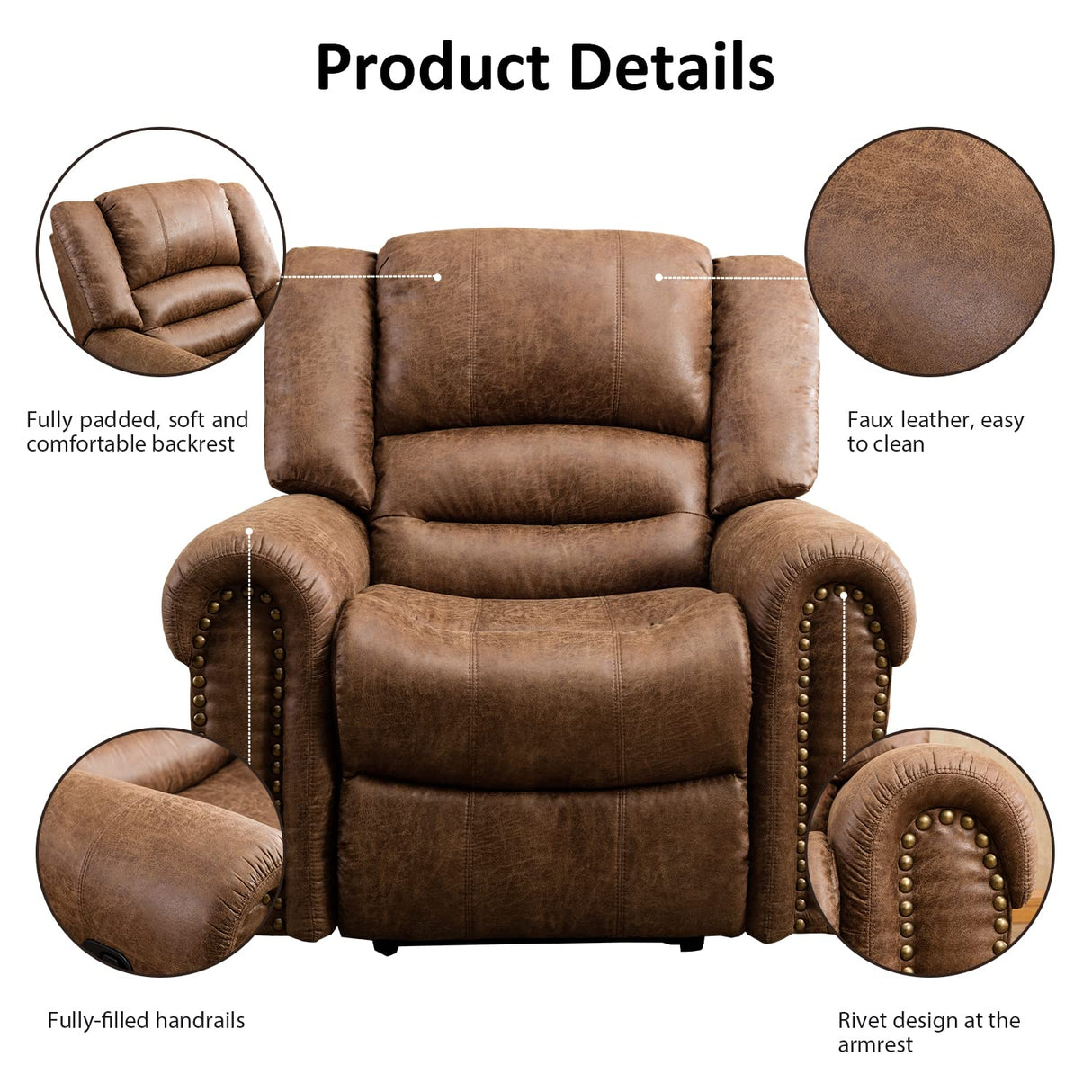 INZOY Leather Recliner Chair, Heavy Duty Manual Reclining Sofa Single Lounge Sofa for Living Room, Home Theater Seating, Light Brown INZOY
