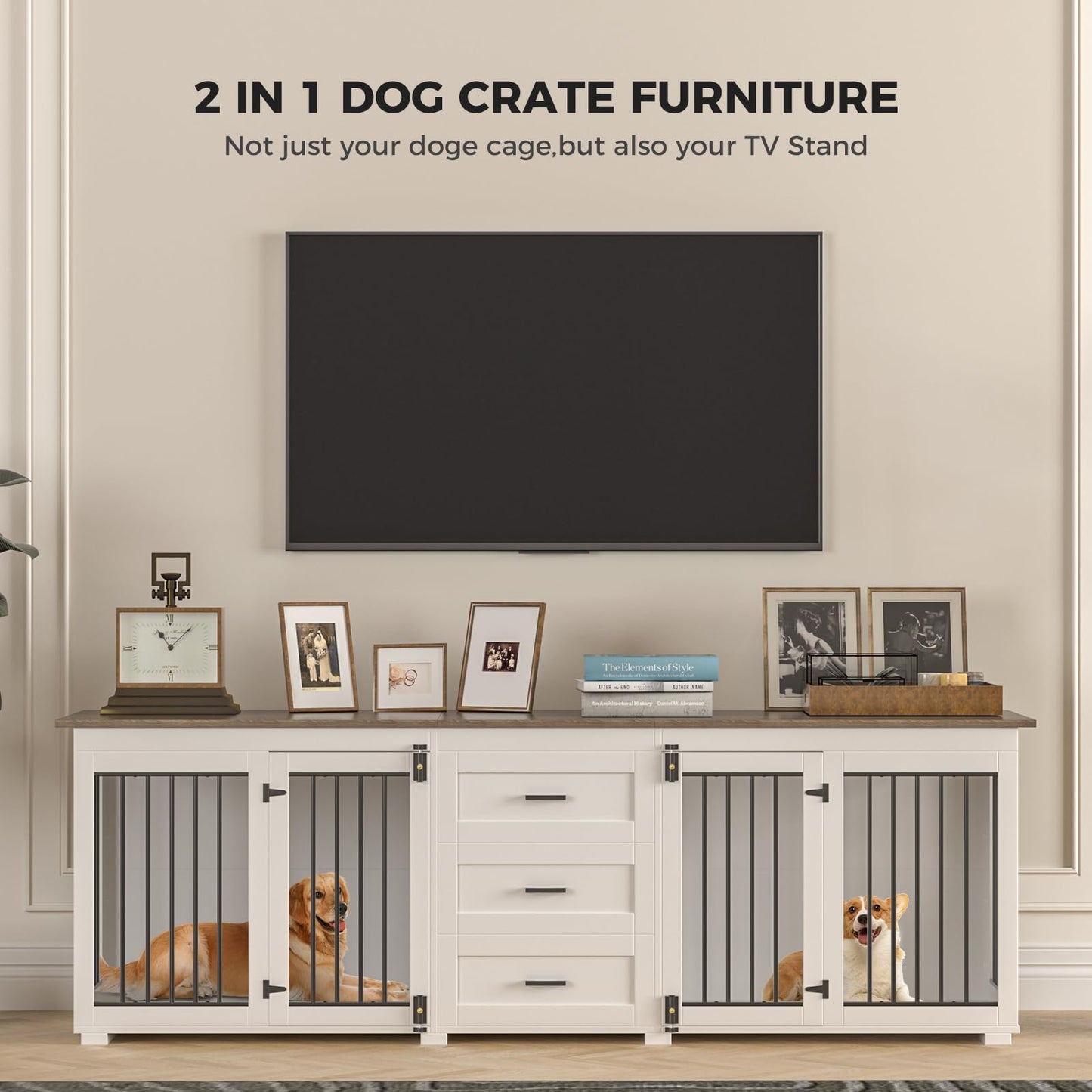 ADOFFUR 94.5" Large Dog Crate Furniture for 2 Dogs, Wooden Double Dog Kennel Furniture with 3 Drawers, Heavy Duty Indoor Furniture Style Dog Crate/TV Stand - White