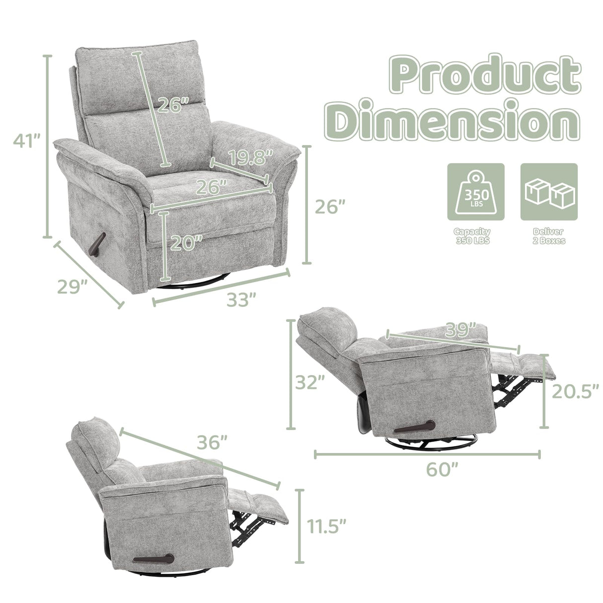 Oversized Rocking Chair Nursery with Adjustable Headrest, 26" Extra Wide Glider Recliner Nursery Chair for Nursery, 360° Swivel Rocker Recliner with Overstuffed Armrest， Light Grey RUTOX