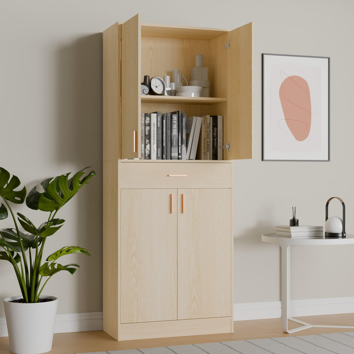 Cozy Castle Tall Oak Pantry Storage Cabinet with 4 Doors, Sliding Drawer, and Adjustable Shelves Cozy Castle