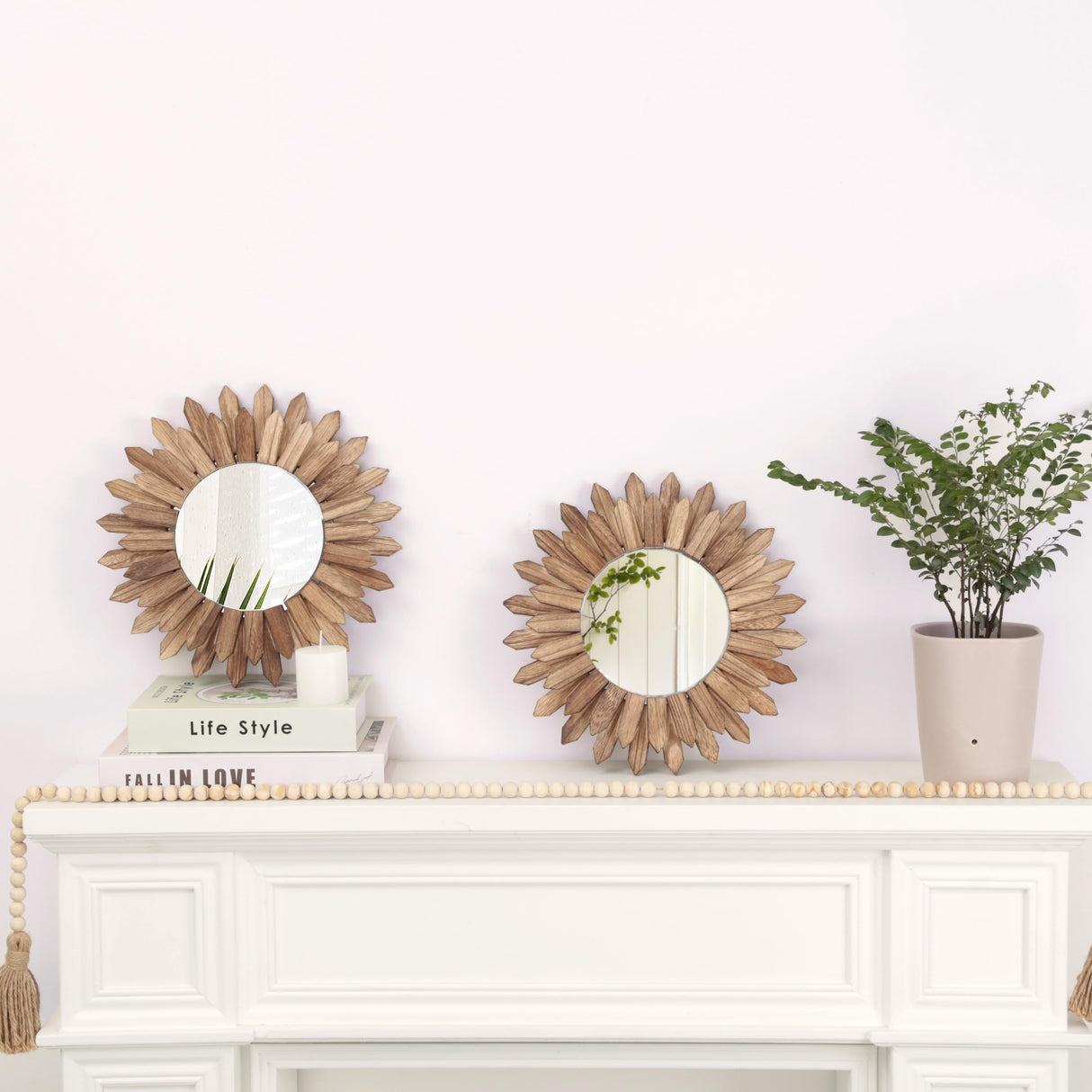 LOSOUR 2 Pack Boho Wall Decor Sunburst Mirror 12 inch Rustic Round Wood Mirror Boho Mirror Farmhouse Wall Decor for Bedroom Living Room Entryway LOSOUR