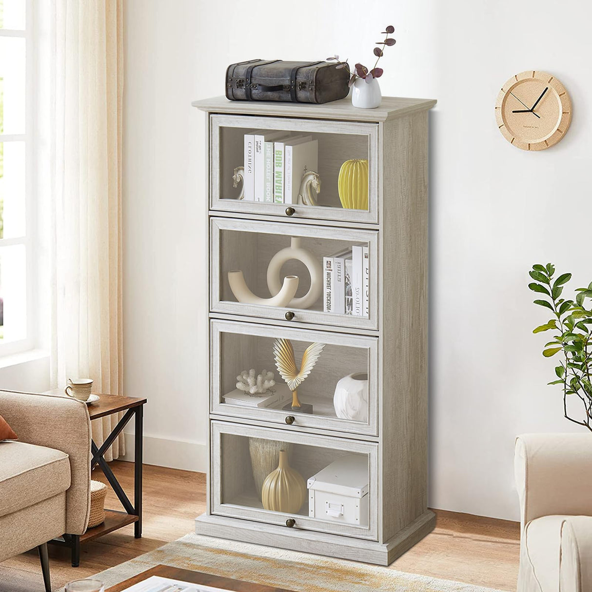 Farmhouse Kitchen Pantry Cabinet, Curio Cabinet, Credenza Storage Cabinet, Tall Book Shelf with Doors, Display Cabinet with Glass Doors for Bedroom, Living Room and Home Office (Antique White) Plturdke