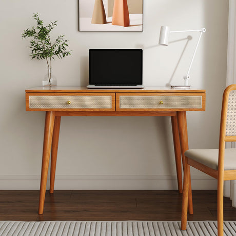 Longcoam Design Mid-Century Modern Solid Wood Desk with Drawers – 45 inch Small Boho Rattan Writing Desk for Home Office, Minimalist Design Natural Wood Table for Workspace Elegance Longcoam Design