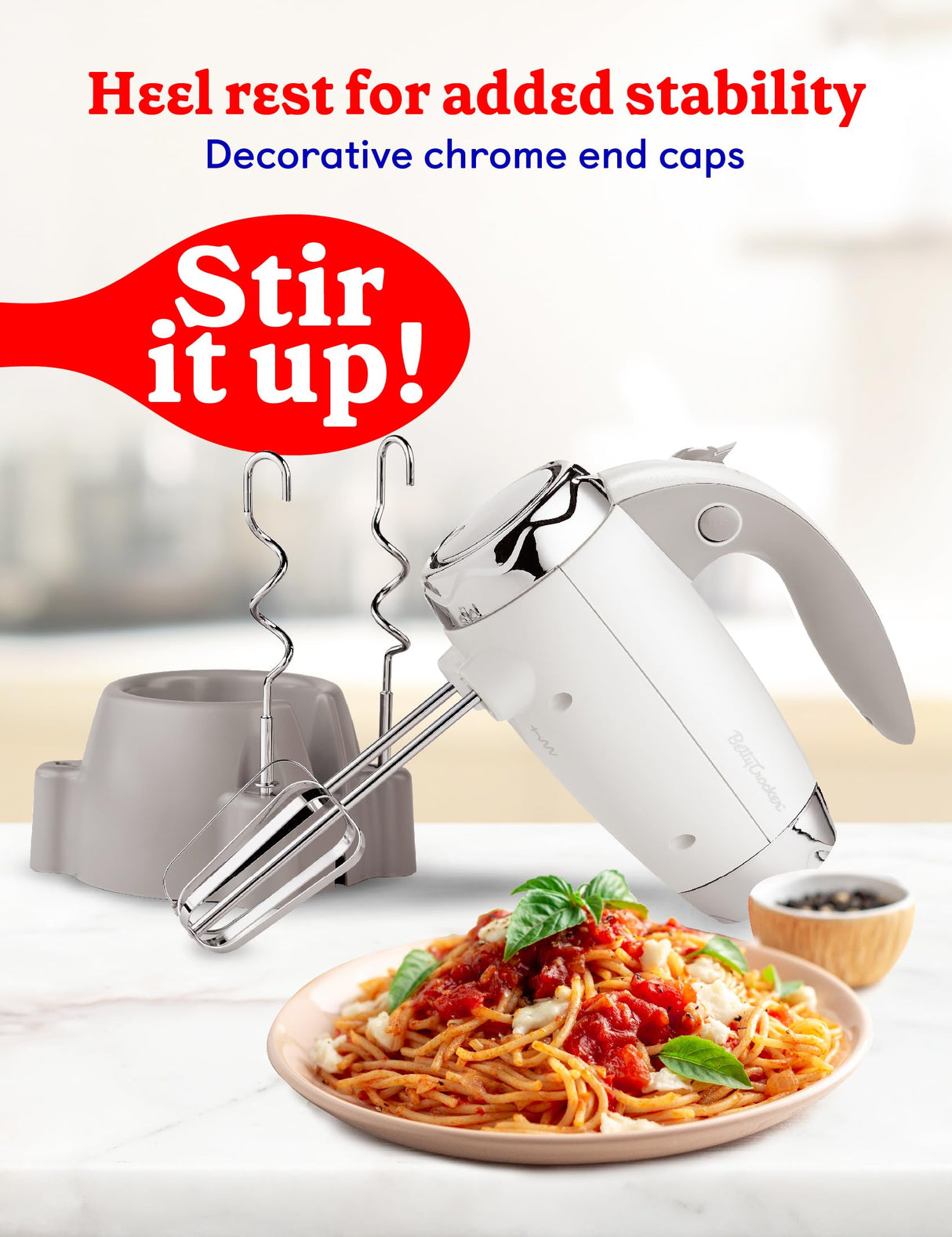 BETTY CROCKER Hand Blender 7 Speed, 250 Watt Electric Mixer with Beaters and Dough Hooks, Ergonomic Electric Hand Mixer for Home & Kitchen with Stand and Soft Touch Handle, White Betty Crocker