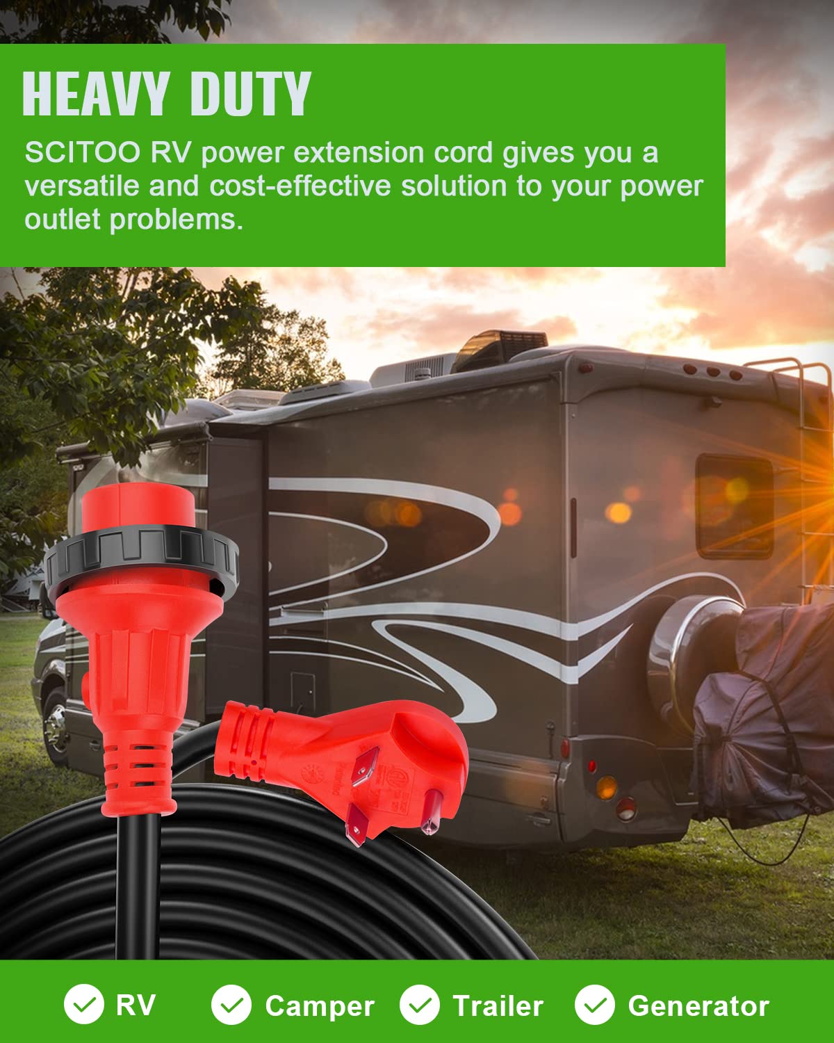 SCITOO RV Cord 25 Feet 30 Amp RV Extension Cord, Heavy Duty STW 10AWG 3 Wire with LED Power Indicator for Auto Car, 30 Amp Male to 30 Amp Female Standard Plug for Trailer Motorhome Camper, ET - WoodArtSupply