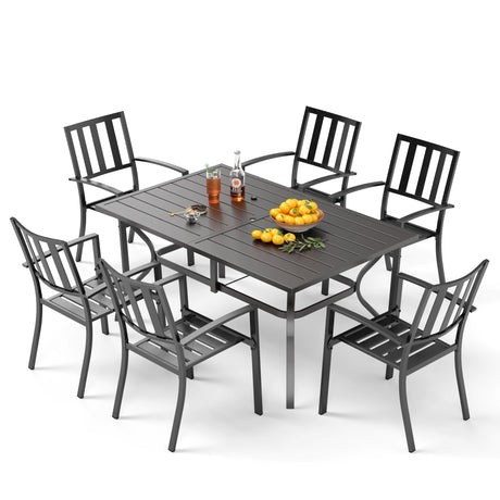 PHI VILLA 7 Piece Outdoor Dining Set for 6, 60” Rectangular Metal Steel Dining Table with Umbrella Hole & Stackable Dining Chairs for Patio, Deck, Yard, Garden PHI VILLA