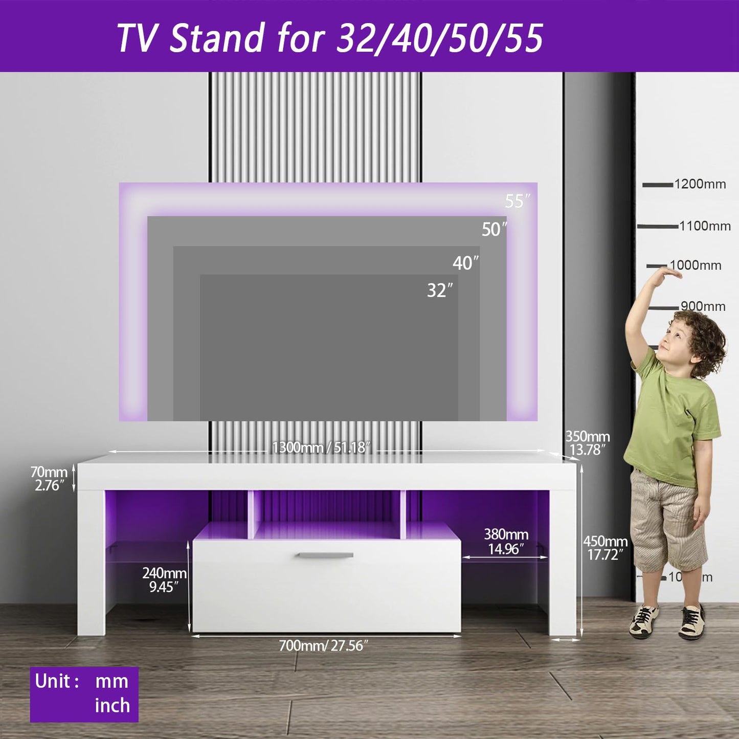 Clikuutory White LED TV Stand with Large Storage Drawer for 32 40 50 55 Inch TVs, Modern High Gloss TV Console Table with Entertainment Center for Living Room, Bedroom, White - WoodArtSupply