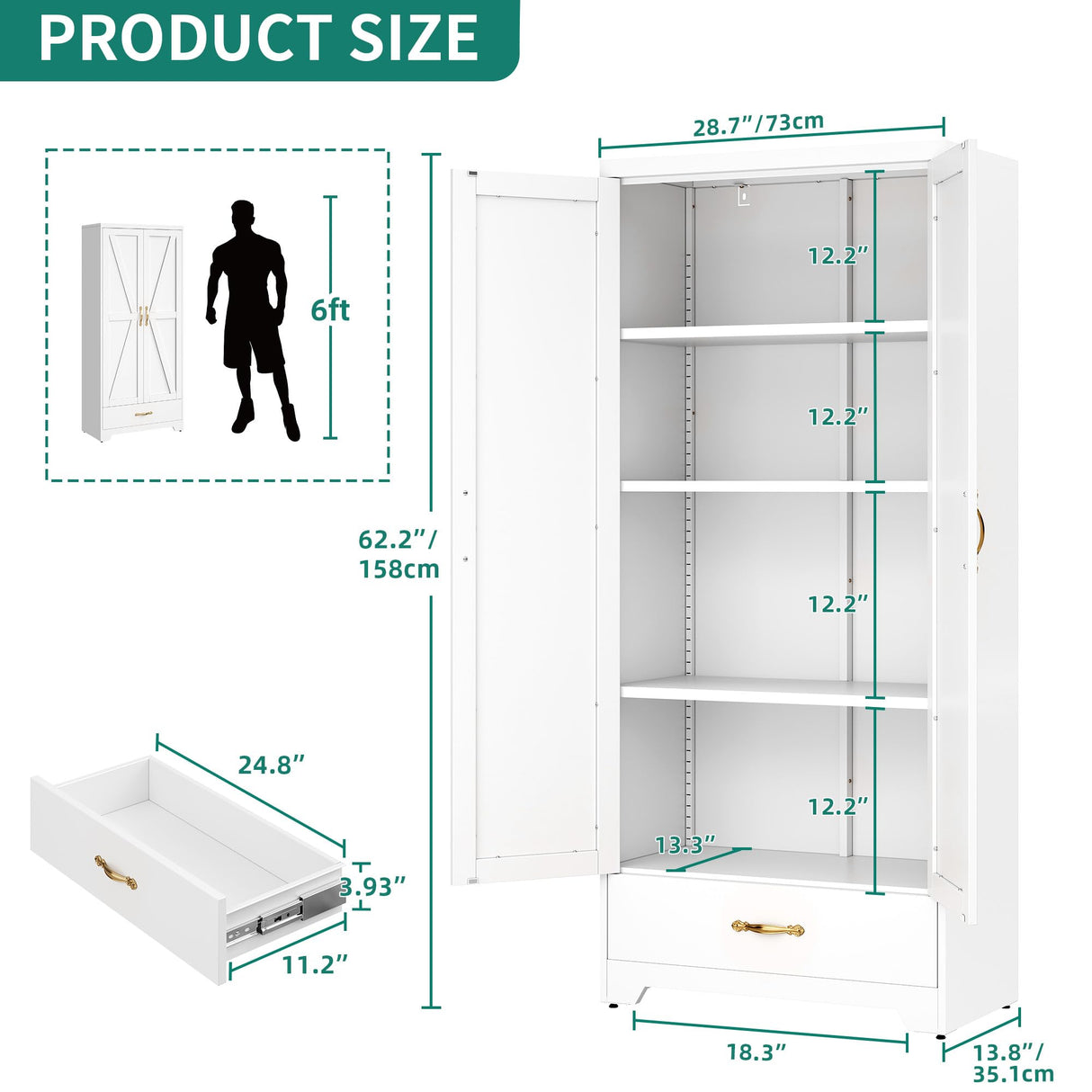 YITAHOME 62" Kitchen Pantry Cabinet, Metal Storage Cabinets with Adjustable Shelves, Farmhouse Pantry Organizer with Door and Drawer for Dining Living Room, White YITAHOME