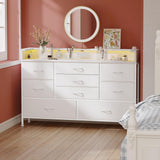 Fixwal White LED Dresser for Bedroom, Dresser with 9 Drawers and Charging Station, Fabric Chest of Drawers with PU Finish, Entryway, Living Room, Hallway Fixwal