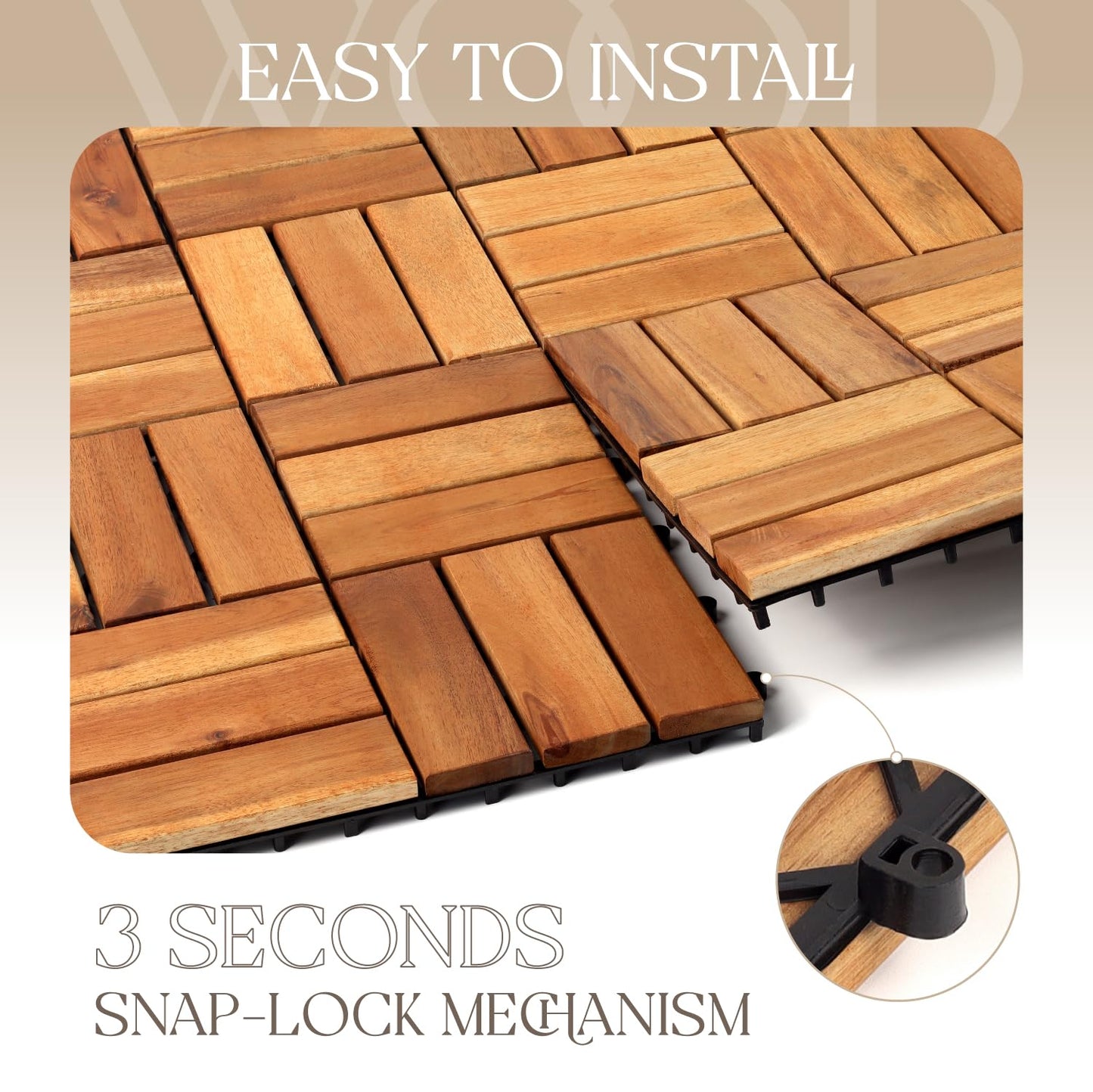 TimberWave Pack of 10 Deck Tiles, Solid Acacia Wood Floor Tiles, Patio Tiles Outdoor Interlocking Waterproof All Weather (12"x12" - 12 Slat, Golden Teak, 10)