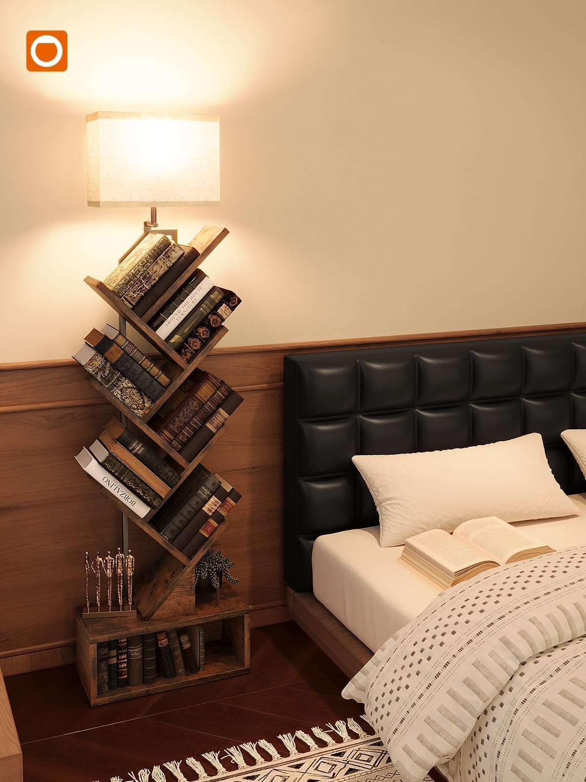 addlon 6-Tier Tree Book Shelf with LED Light, Steel&Wood Bookshelf with Storage Cabinet, Narrow Tall Bookcase with 3CCT Bulb, Small Bookshelf for Bedroom, Home Office&Living Room-Rustic Brown addlon