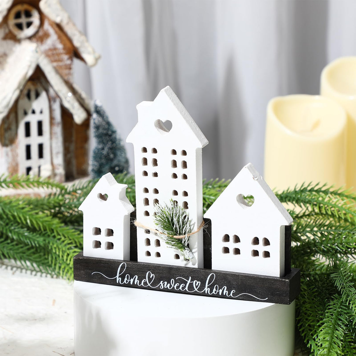 Yousoontic 1 Set White Village Houses Wooden Farmhouse Decorations Home Sweet Tabletop Decor Sign for welcome Centerpieces House Warming Gifts New Home Couple Yousoontic