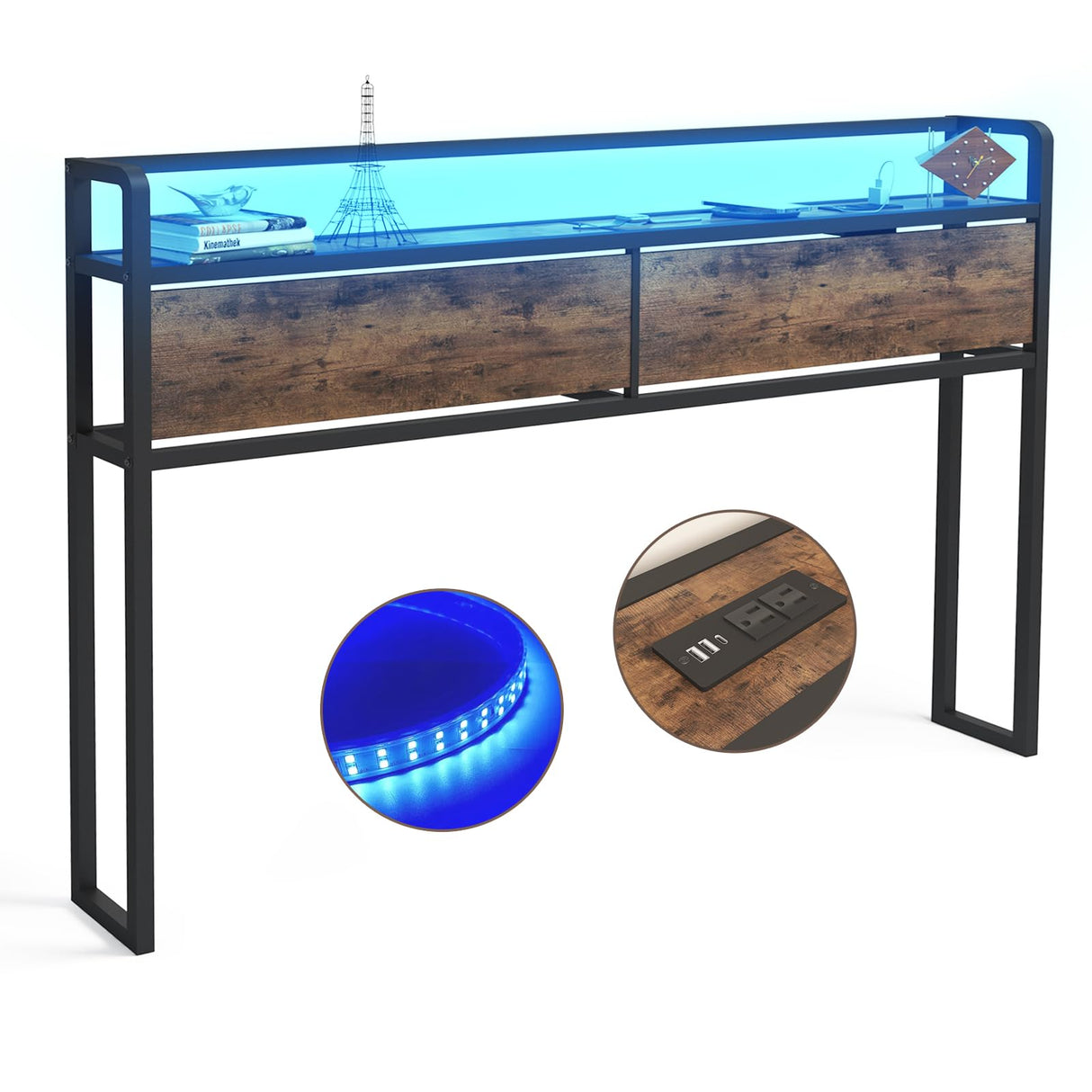 Curotunk Retro LED Queen Size Headboard with Storage and USB Charging Curotunk