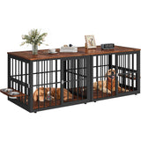 YITAHOME 88.6" Large Corner Dog Crate Furniture for 2 Dogs, Large Wooden Dog Kennel with Dog Bowls & 3 Doors, Large Double Dog Crate Furniture TV Stand for Medium Large Dogs, Brown YITAHOME