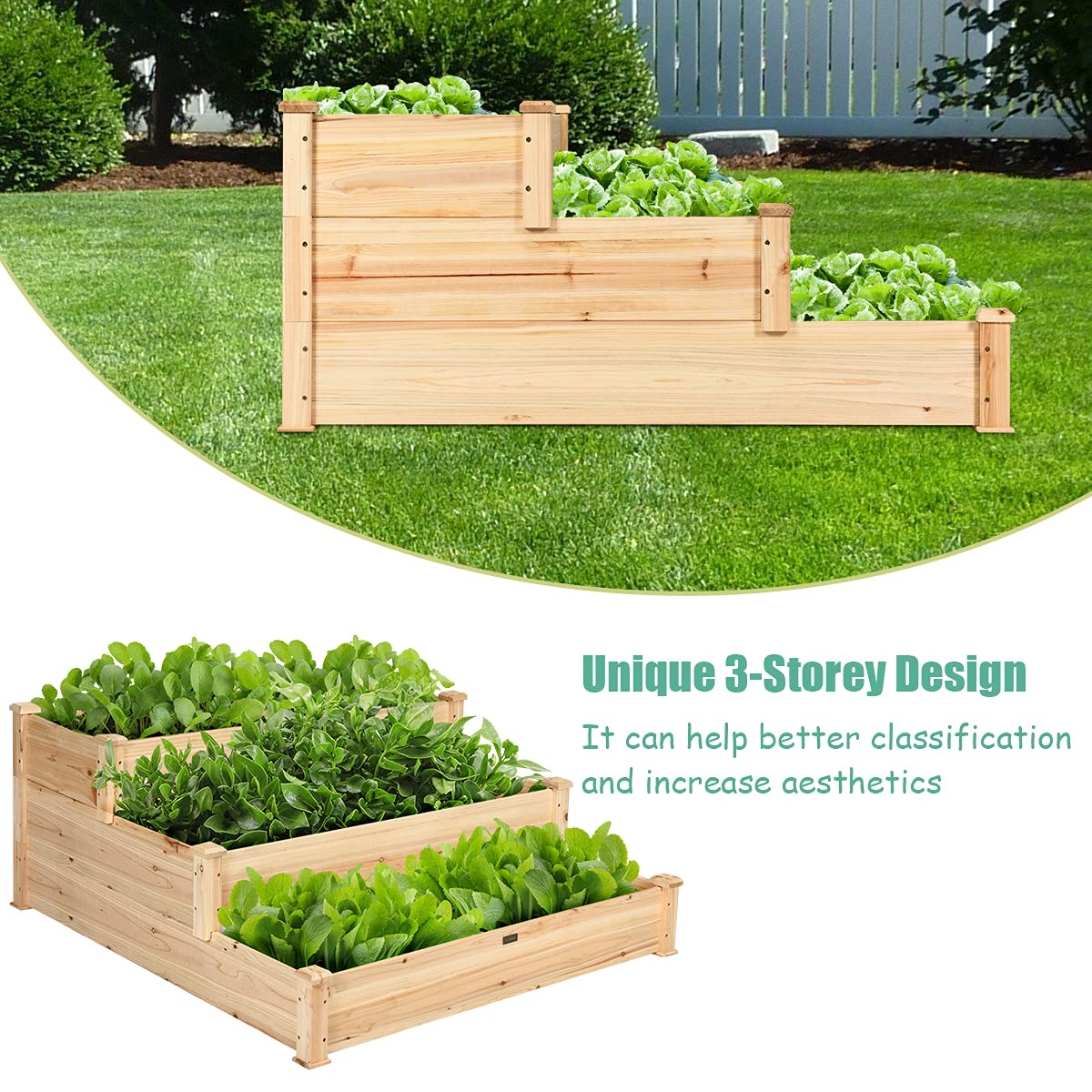 S AFSTAR 3-Tier Raised Garden Bed, Wood Elevated Planter Box with 3 Dividable Bed Kit, Outdoor Above Ground Garden Beds for Plants Herbs Vegetables, Stackable & Flat Arrangement, 49"L x 49"W x 22"H S AFSTAR