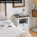 TrustKare Farmhouse Nightstand, White Nightstand with Charging Station and LED Lighting, Wood End Table with 2 Drawers, Smart Farmhouse Design Bedside Table for Bedroom Living Room TrustKare