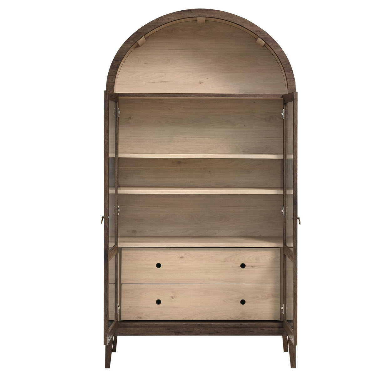 Modway Nolan Tall Arched Storage Display Cabinet in Walnut Light Oak - 74 Inch Arch Bookshelf with Glass Doors, Shelves and Drawers - Modern Accent Cabinet for Living Room, Dining Room Modway