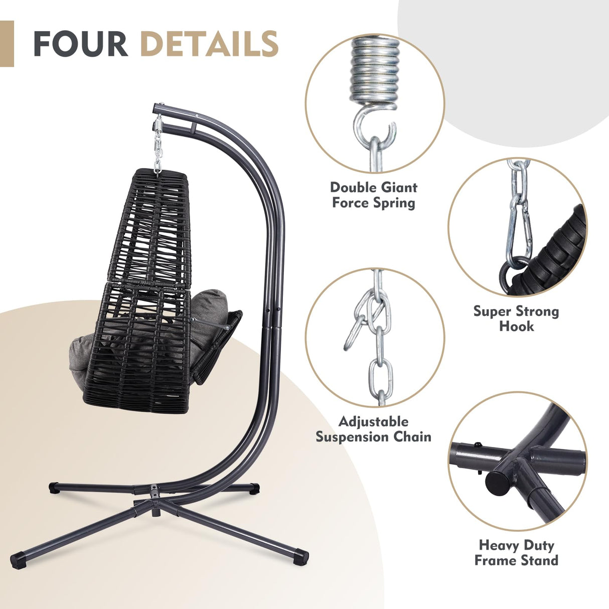 Double Hanging Egg Chair with Stand for Outdoor, Oversized 2 Person Wicker Rattan Swing Chair w/Convertible Armrest for Reclining Seat, All-Weather Cushion and Heavy Duty Frame, 700Lbs Cap. (Grey) DAIJIA CHINA