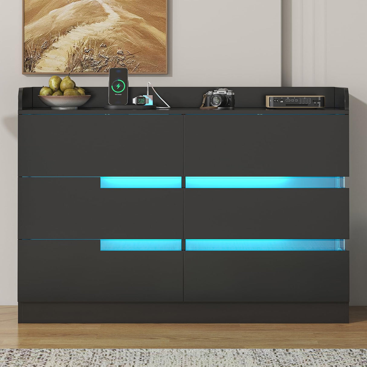 Frmobepts 6 Drawer Dresser with Charging Station and LED Light, Modern Wide Chest of Drawers for Bedroom or Living Room, 47.2" D x 15.7" W x 33.5" H, Black Frmobepts