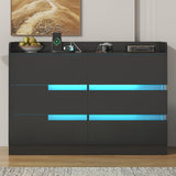 Frmobepts 6 Drawer Dresser with Charging Station and LED Light, Modern Wide Chest of Drawers for Bedroom or Living Room, 47.2" D x 15.7" W x 33.5" H, Black Frmobepts