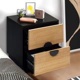 LuxenHome Night Stand, Mid Century Modern Nightstand with 2 Drawers, Boho Bedside Table with Bamboo Strips Pattern, Small End Tables Living Room or Bedroom, Small Side Table with Storage, Black/Brown LuxenHöme