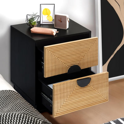 LuxenHome Night Stand, Mid Century Modern Nightstand with 2 Drawers, Boho Bedside Table with Bamboo Strips Pattern, Small End Tables Living Room or Bedroom, Small Side Table with Storage, Black/Brown
