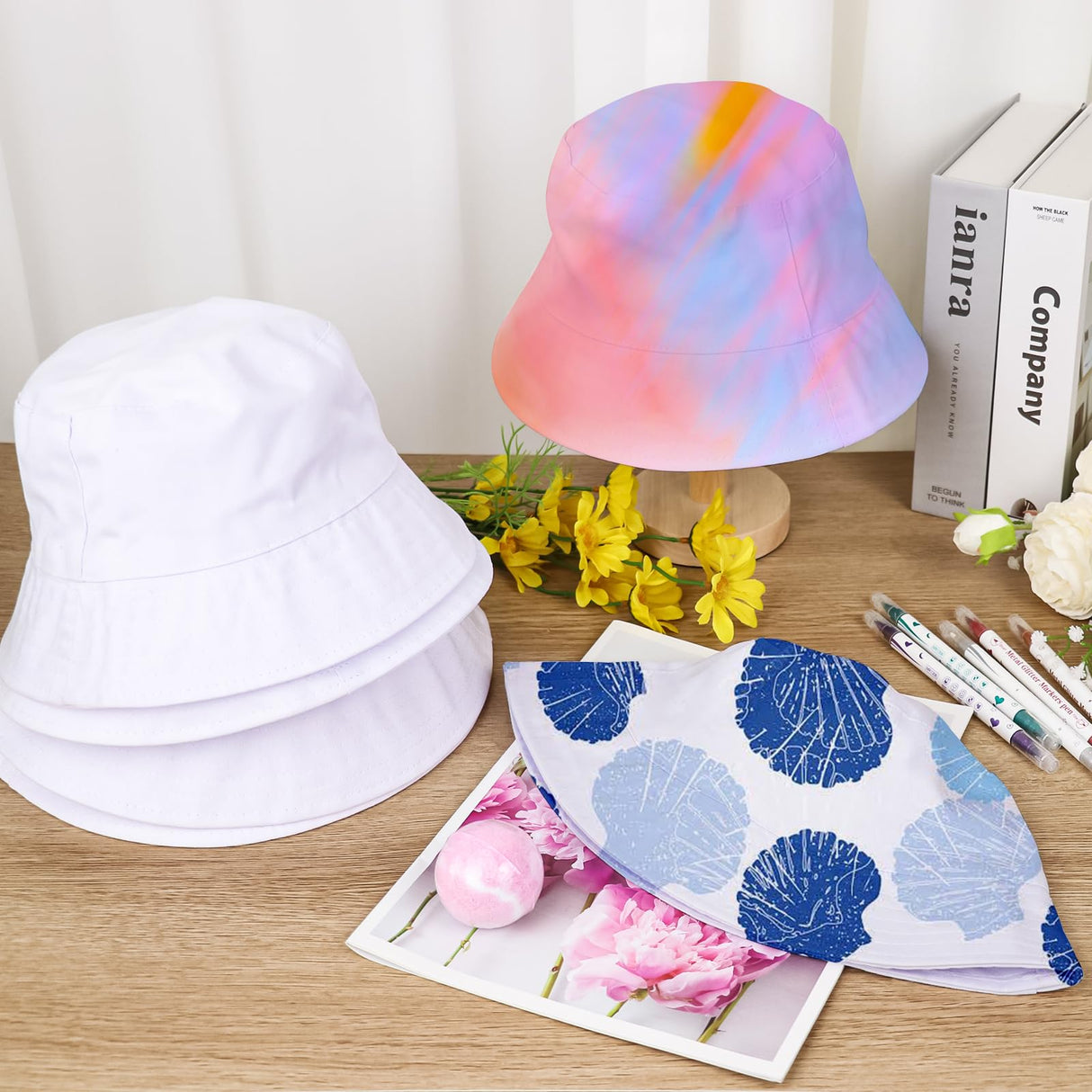 Ziimaikery 6 Pcs White Bucket Hats Bulk, Bucket Hat for Women Men Adult Summer Plain Fishing Bucket Cap Sublimation Hats Blank Beach Fishing Cap, Two Sided White, 22 Inches Circumference Ziimaikery