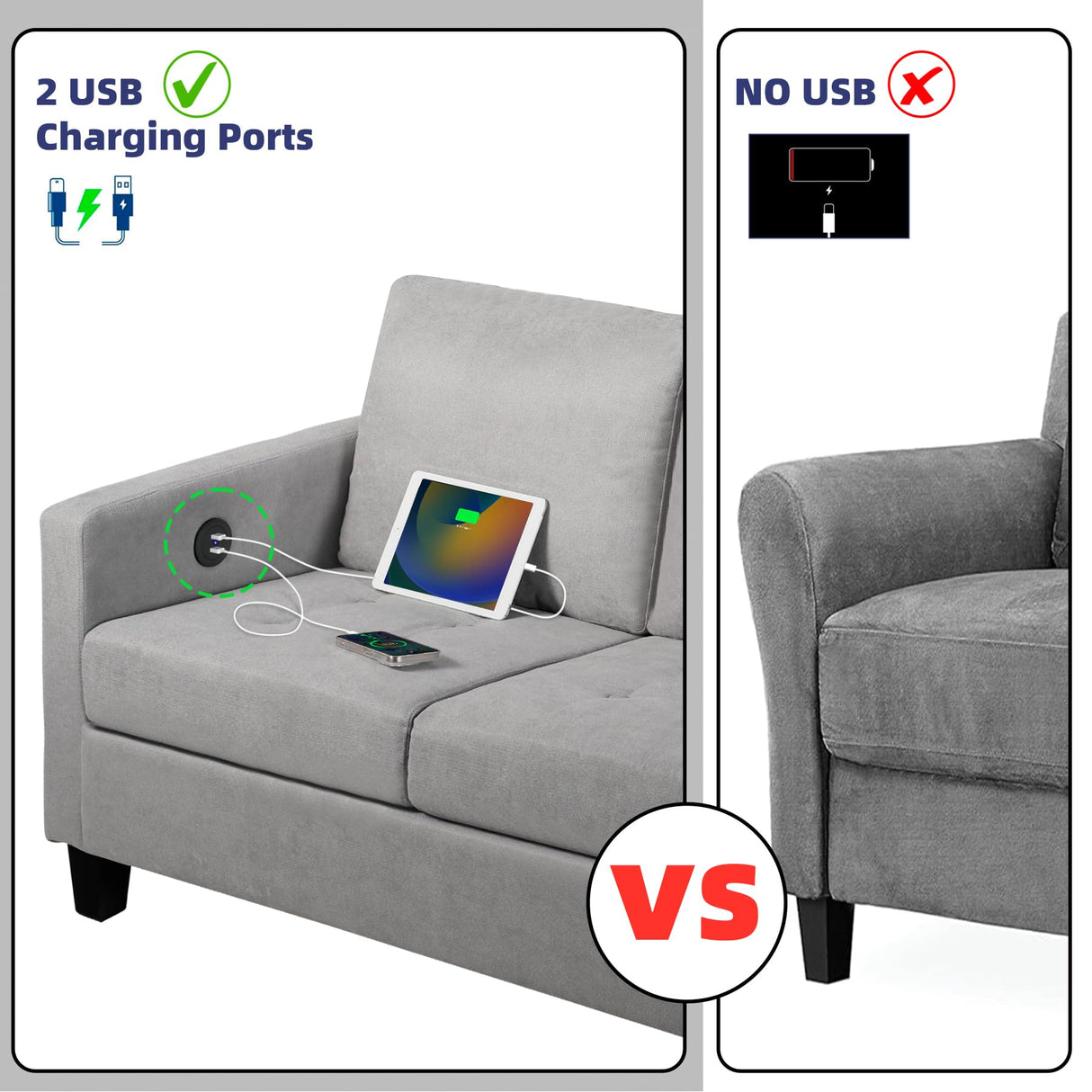 STHOUYN 72" W 3 Person Seater Couch Sofa with USB Ports, Grey Comfy Couches for Small Spaces, Mid Century Modern Gray Couch for Living Room Apartment Bedroom (Light Grey) STHOUYN