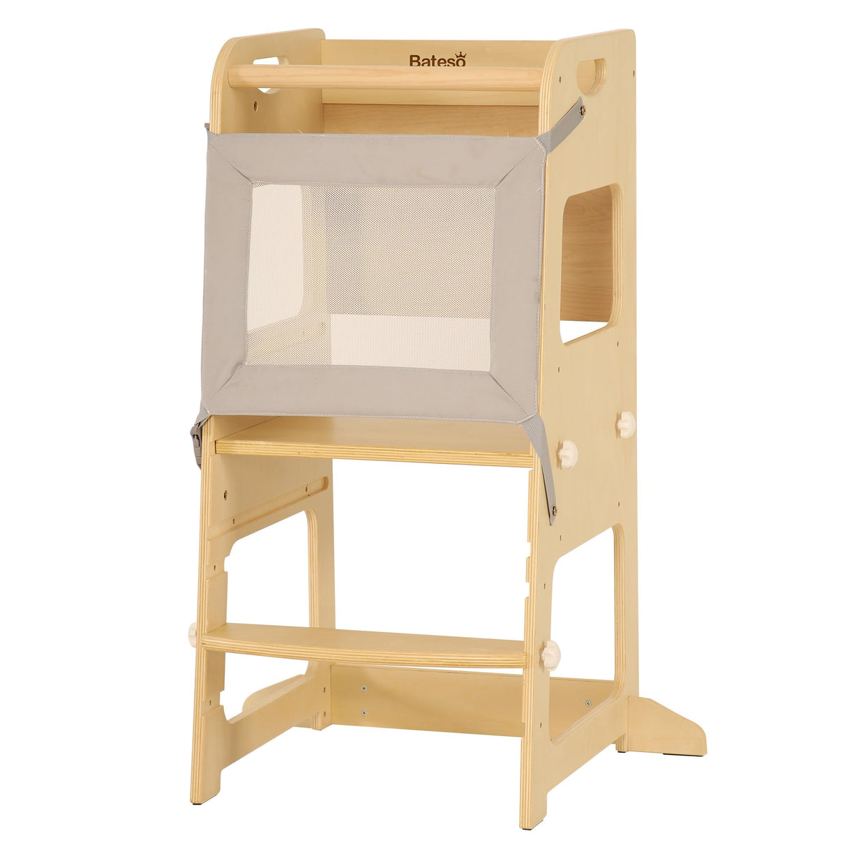 Bateso Basic Wooden Toddler Tower with Detachable Net, 3 Adjustable Height Toddler Kitchen Stool with Non-Slip Mats, Step Stool for Toddler, Toddler Step Stool for Kitchen Counter, Bathroom Sink Bateso