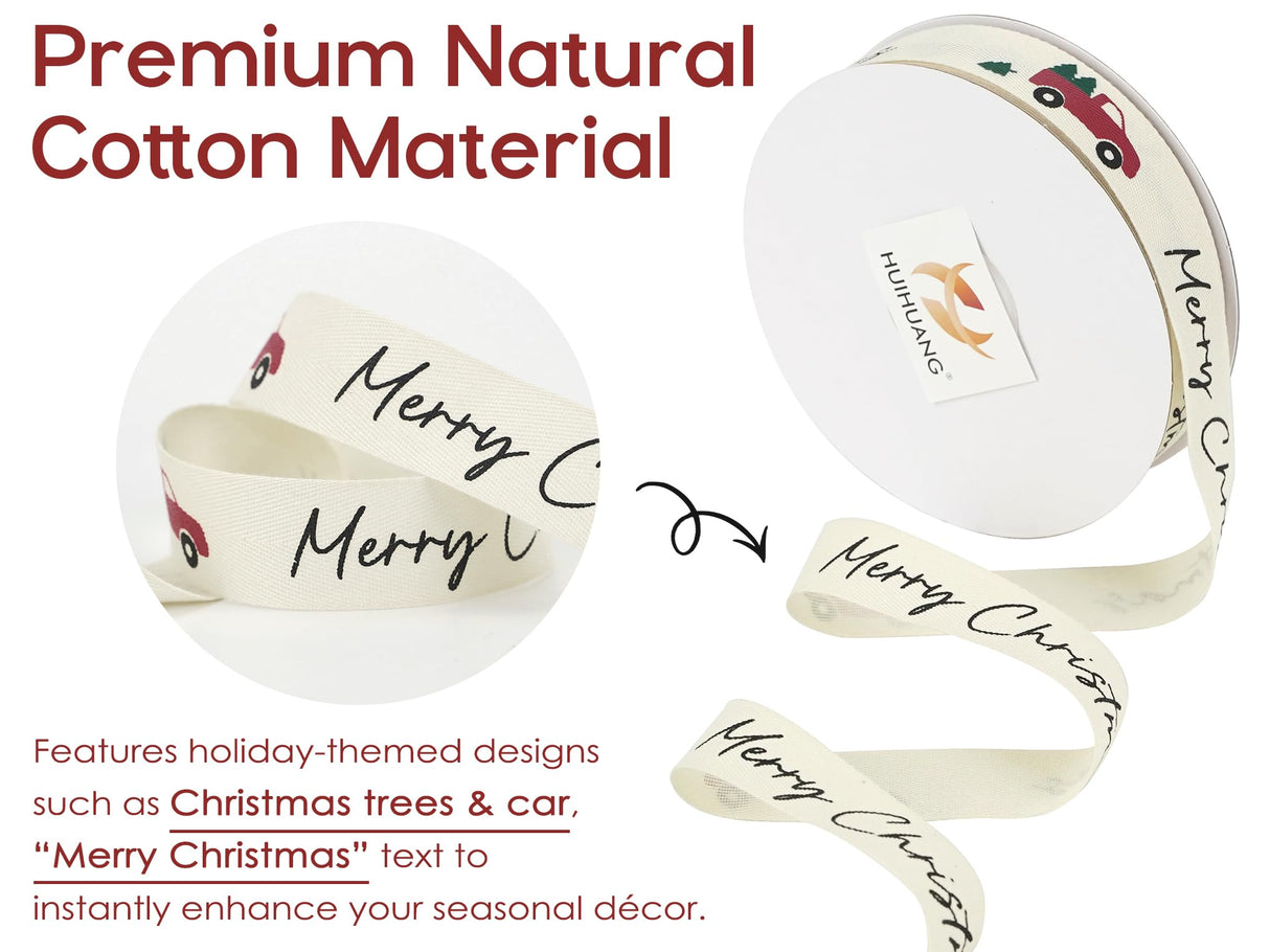 HUIHUANG Christmas Cotton Ribbon 7/8" Wide x 25 Yards Twill Tape Cotton with Merry Christmas Printed Ribbon for Gift Wrapping, Rustic Farmhouse Decor, Tree Ornaments, Wreaths, DIY Crafts HUIHUANG