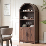 RowyPoey Rattan Arched Cabinet Bookshelf - 69.3” Tall Mid Century Display Cabinet, Rounded Bookcase with Rattan Doors, Open Shelf Storage for Dining Room (Walnut, 1 PC) RowyPoey