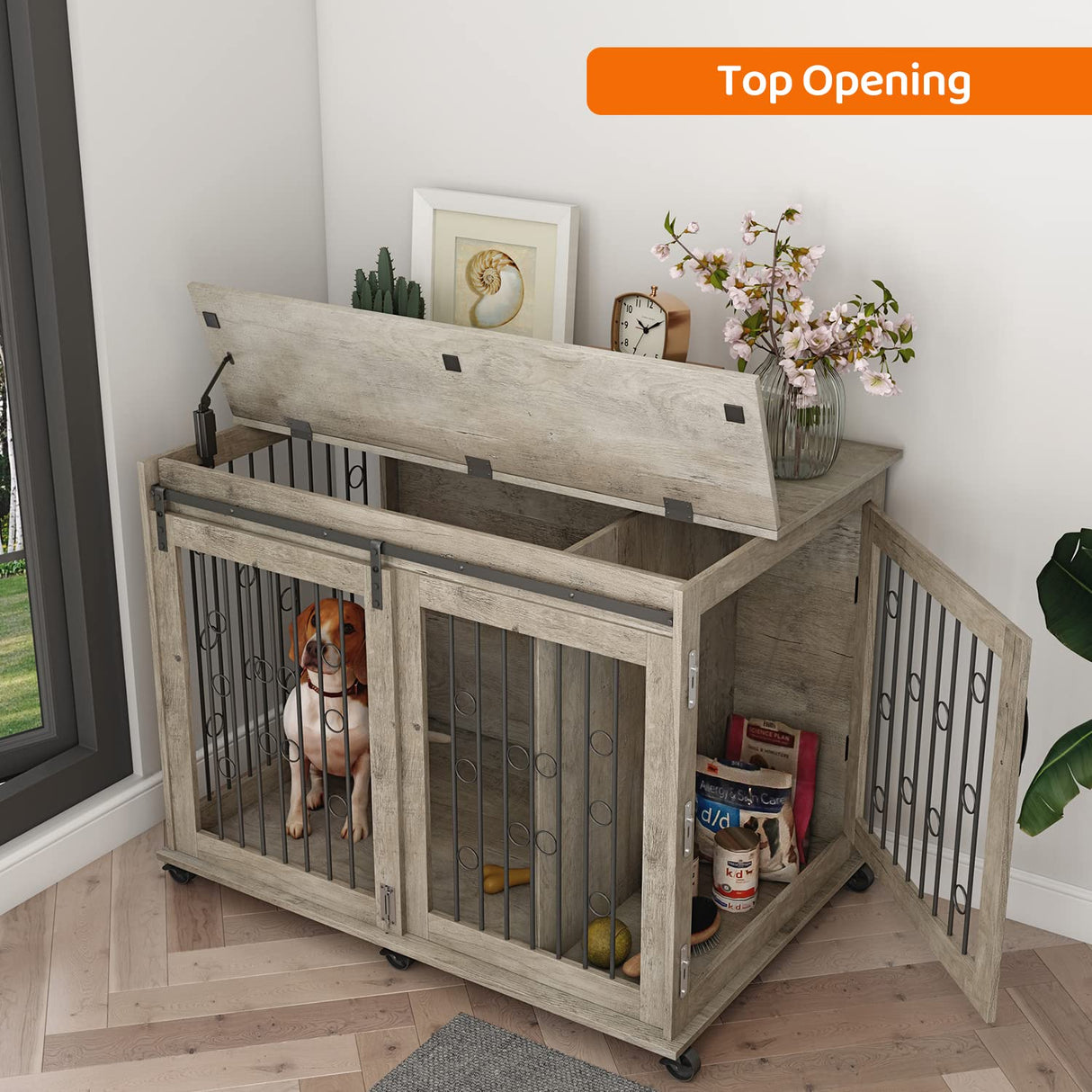 IchbinGo Large Dog Crate Furniture with Sliding Barn Door, 43.7" Wooden Dog Kennel End Table with Wheels and Flip-top Plate Dog House with Detachable Divider for Small/Medium/Large Dog (Rustic Grey) IchbinGo