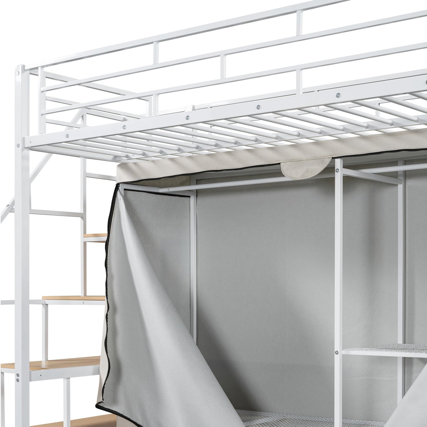 Twin Size Loft Bed with Stairs and Storage Shelves, Heavy Duty Loft Bed with Wardrobe and Removable Dust Cover, Twin Loft Bed with Full Length Guardrail, White Loft Bed Twin Size